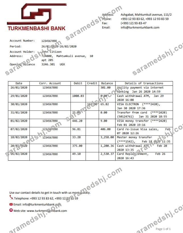 Turkmenistan Turkmenbashi Bank statement template, Word and PDF format (.doc and .pdf)